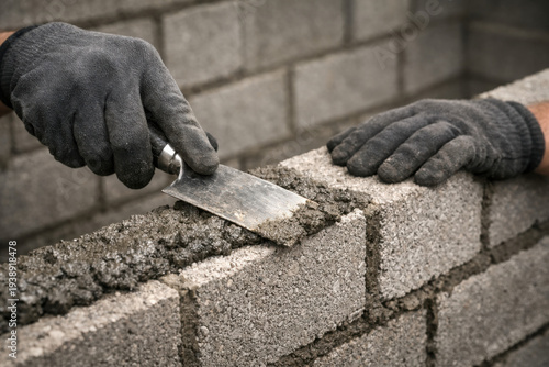 Construction Worker Laying Concrete Cinder Blocks with Trowel