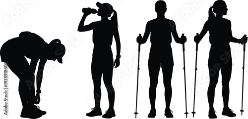 Vector Silhouette Set of Female Hikers Trekking and Nordic Walking Featuring Active Women Drinking Water Tying Shoes and Using Trekking Poles