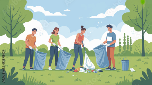 Group of people cleaning up trash in a park on a sunny day with trees and blue sky