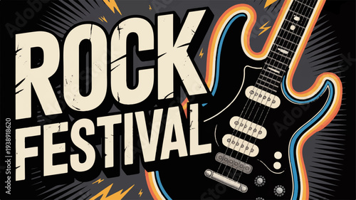 Rock festival poster with electric guitar on black background with orange and blue accents