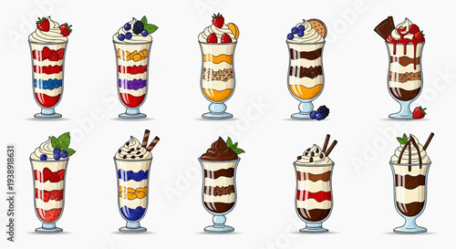 A variety of colorful milkshakes are displayed on a table with different toppings.