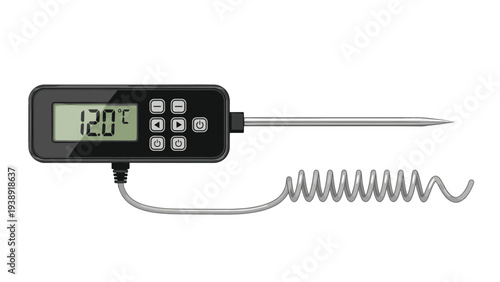 Digital food thermometer with a stainless steel probe and a display showing twelve degrees is used for cooking.