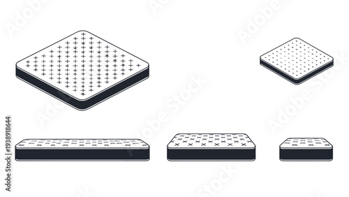 Orthopedic mattress icons collection provides several perspectives including isometric and side views for bedding products.