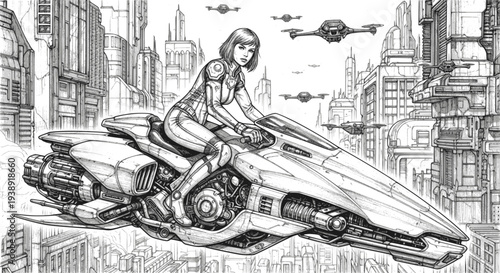 Futuristic cyberpunk girl riding a hoverbike through a megacity skyway. Design for sci-fi book illustrations, video game concept art, or graphic novel covers. Transparent background SVG version.