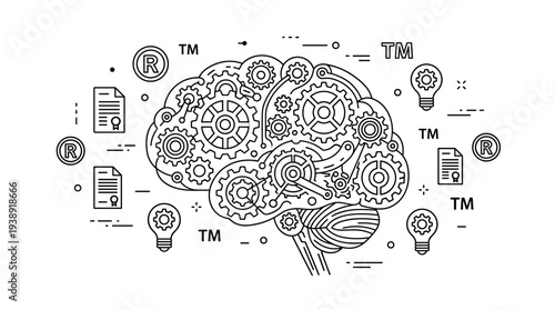 Brain Gears Mechanism and Idea Generation with Patent, Trademark Documents & Lightbulbs representing Intellectual Property, Creativity, Innovation in Minimal Outline Vector Flat Illustration.