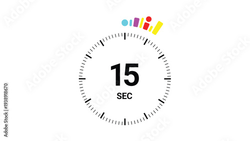 Simple analog timer graphic shows a fifteen second countdown with colorful segments for a quick time interval.
