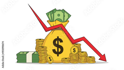 Financial crisis concept features a bag of money surrounded by coins with a sharp red arrow pointing downwards.