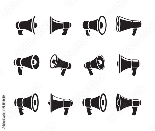 Twelve varied black graphic representations of handheld megaphones perfect for signaling alerts and making widespread declarations