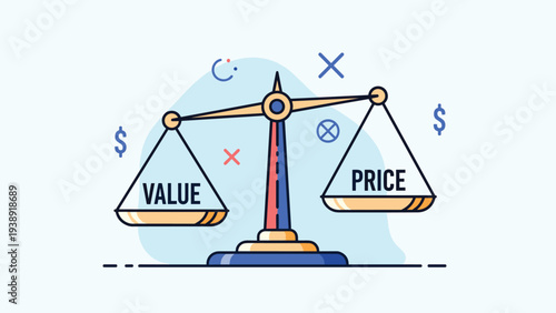 Value versus price comparison illustrated with a balanced weight scale against a soft blue abstract background.