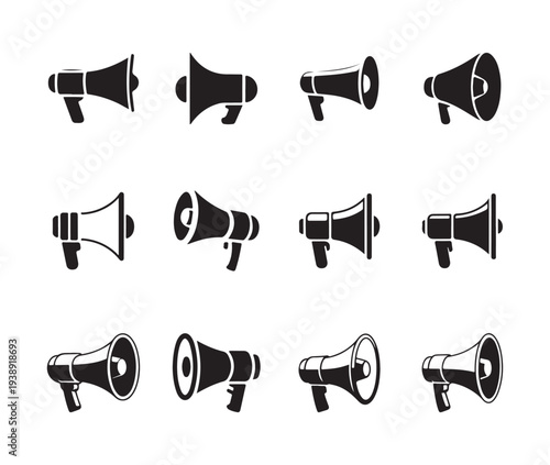 Collection of twelve silhouette icons depicting different megaphone shapes used for mass communication and loud vocal projection