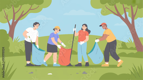 Four people cleaning park with trash bags and tools on sunny day with green grass