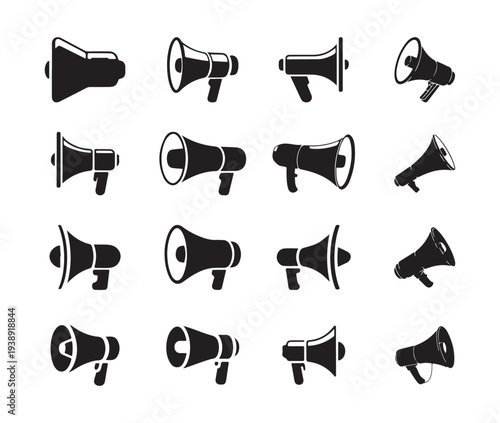 Set of sixteen different megaphone icons for announcement and communication vector illustration