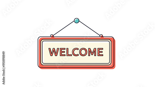Welcome hanging sign board in a red and cream color scheme with a clean professional design for business use.