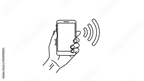 Hand drawn illustration of a human hand holding a smartphone with wireless signal waves coming out of the device.