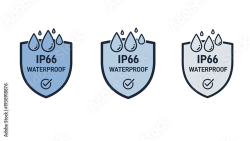 Ip sixty six waterproof protection icons showing shields with water drops in three different shades of blue.
