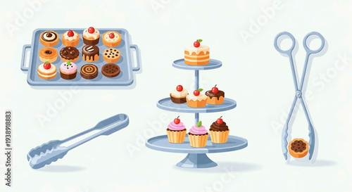 A person displays assorted cupcakes on a tiered server with baking tools nearby indoors