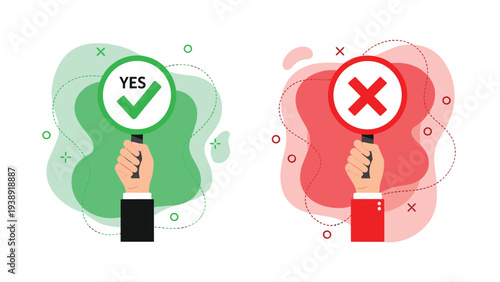 Hands holding up yes and no voting signs with green check mark and red cross for simple decision making processes.