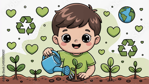 Happy child planting a tree with a watering can surrounded by eco friendly symbols