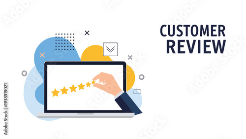 Customer review marketing concept showing a hand giving a star rating on a laptop screen with abstract shapes.