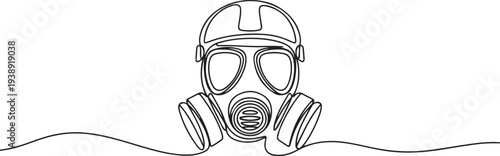 Continuous one line drawing of gas mask. One line drawing illustration of army mask. Soldier equipment concept.one line vector illustration with out background