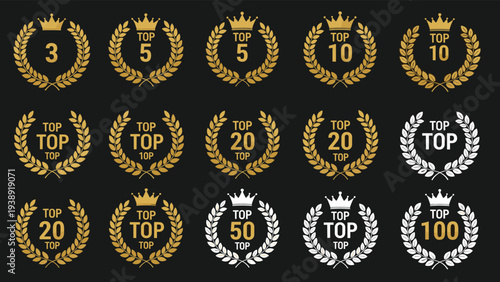 Large set of top ranking labels featuring golden and silver laurel wreaths with crowns and various rank numbers.