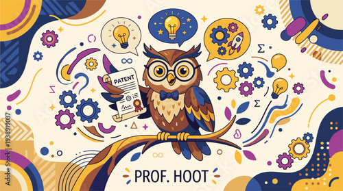 Wise Owl Character Prof Hoot holding a patent document, surrounded by lightbulbs, gears, and rockets in a vibrant, modern flat vector illustration for innovation and intellectual property.