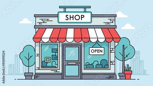 Shop building facade with red and white striped awning and open sign in window representing small local business and retail store architecture.