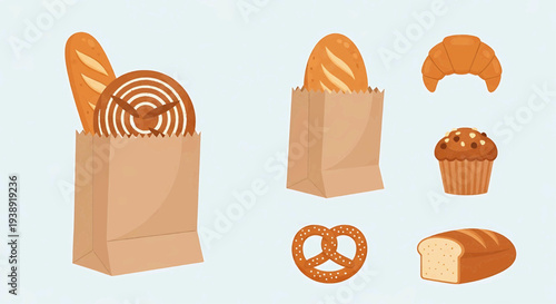 A variety of baked goods including bread, bagels, and muffins in paper bags on a table.