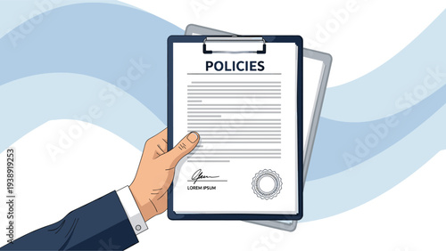 Hand holding a clipboard with policies and procedures document for corporate guidelines legal compliance and employee handbook orientation.