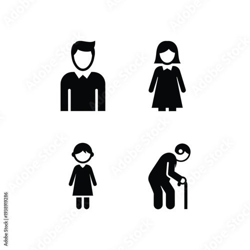 Four simple black and white icons represent different human generations including an adult male, adult female, child, and elderly person with a cane.