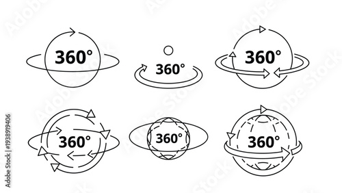 Collection of three hundred sixty degree view icons with globes and circular arrows for virtual tours panoramic photos and immersive imaging.