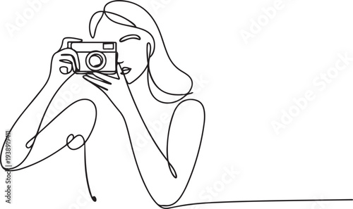 Continuous one line drawing of woman with camera.one line vector illustration with out background
