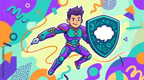 Creative protector character holding futuristic shield and pen arm representing digital security and content creation in vibrant Memphis style vector illustration