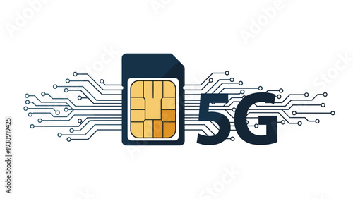 Fifth generation mobile network sim card with circuit board patterns for advanced 5G connectivity and telecommunications.