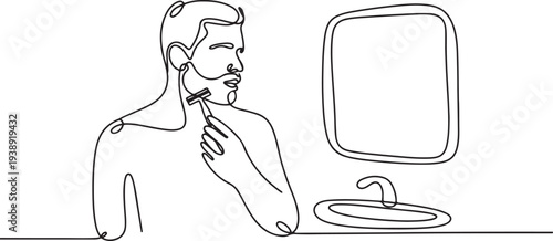 Continuous one single line drawing man shaving with razor in bathroom icon vector illustration concept.one line vector illustration with out background