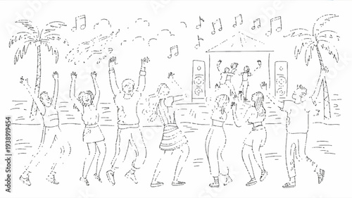 People dancing outdoors in a lively tropical setting with palm trees and a festive atmosphere at night