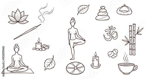 Serene Collection of Yoga Meditation and Wellness Icons Featuring Lotus Flower Incense Candle and Zen Stones for a Calm Lifestyle