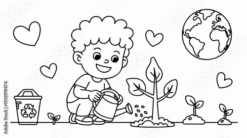 Happy child planting a green sapling with hearts and earth promoting eco friendly habits and sustainability