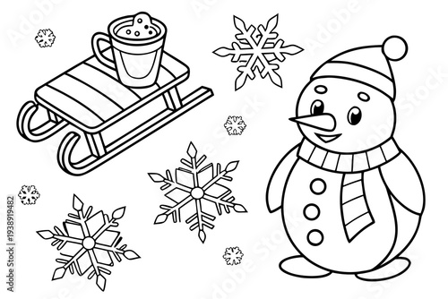 Winter Wonderland Coloring Page for Kids - Penguin, Snowman, Snowflakes Line Art