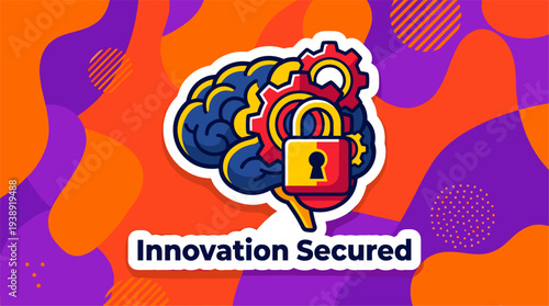 Brain gears padlock icon securing creative thought and mental processes for intellectual property and data security concept, vibrant flat vector design, bold colors, digital illustration.