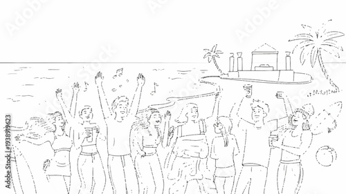 Diverse group of people celebrating outdoors in a lively joyful atmosphere with palm trees