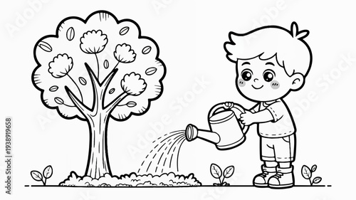 Little boy watering a tree with a watering can in a garden with leaves and soil