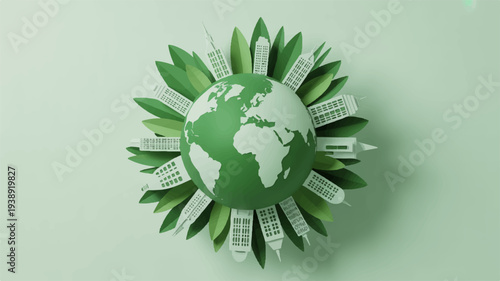 Green earth globe surrounded by leaves and financial papers on mint background symbolizing eco friendly business and sustainable growth
