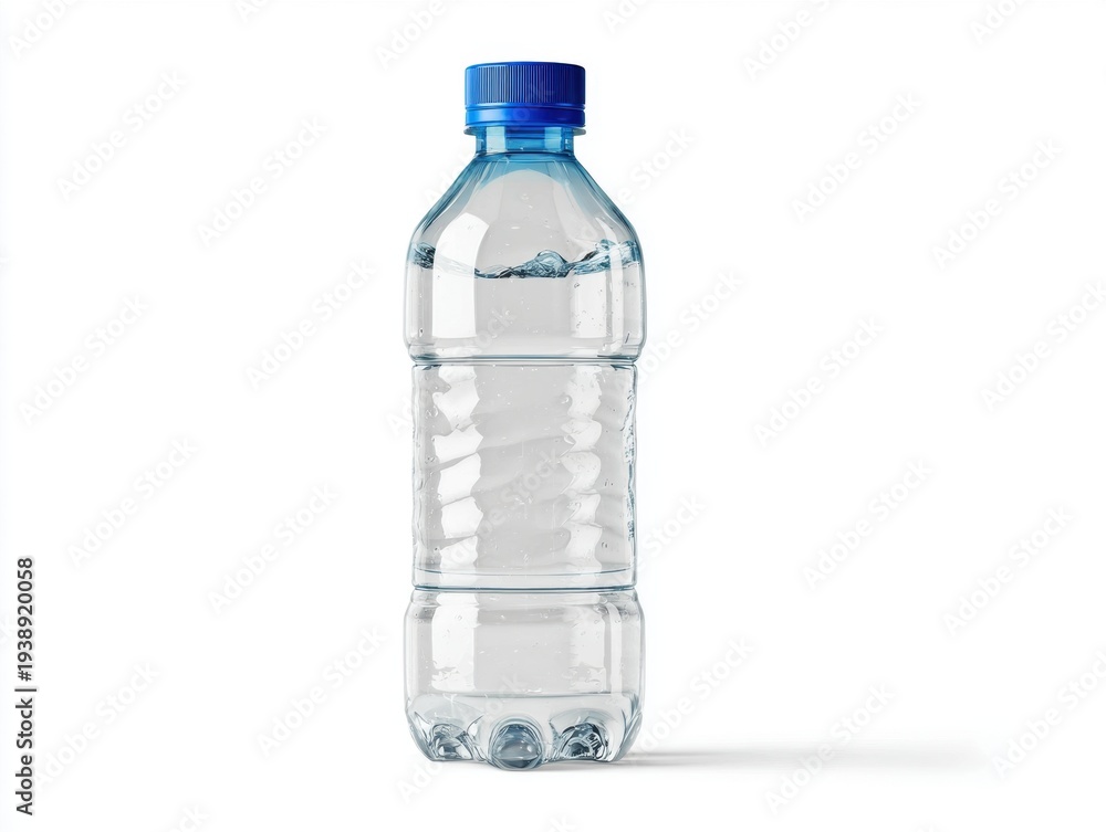 Fototapeta premium Clear plastic water bottle with blue cap and natural clean liquid