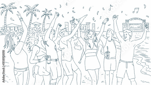 Group of people celebrating outdoors with raised arms confetti and palm trees in background at a summer party
