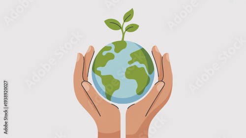 Hands cradling earth globe with green sprout growing on top symbolizing environmental care and sustainability