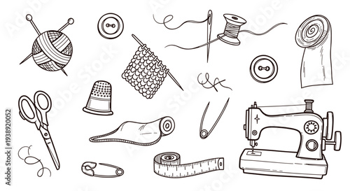 Collection of vintage sewing and knitting supplies including scissors, yarn, needles, buttons, and sewing machine