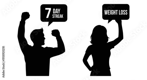 Celebrating fitness goals of a seven-day challenge and significant weight loss achievements. Vector, illustration