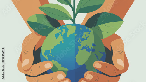 Hands cradling a green globe with leaves symbolizing eco friendly care and sustainable living