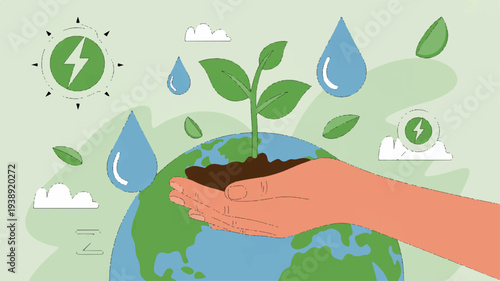 Hand holding plant growing from earth with eco friendly symbols around globe